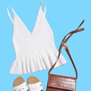 Casual Spaghetti Strap Ruffle Hem Peplum Cropped Knit Sweater White Top.